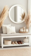 Modern hallway features a stylish entryway with a shoe rack, mirror, plants, and soft lighting, creating a warm and inviting atmosphere