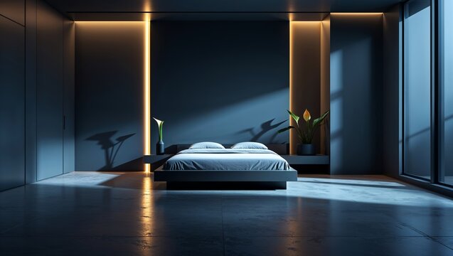 Stylish dark bedroom with led lights and modern design, a peaceful and comfortable retreat