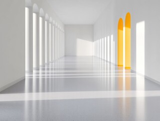 Obraz premium White Corridor With Arches and Yellow Accents