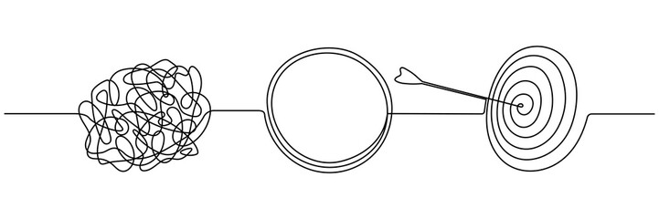 Chaotic and mess lines with target continuous one line drawn. Achieve goal symbol. Problem solving concept. Vector illustration isolated on white.