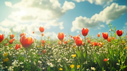 Fototapeta premium Sunny meadow field of tulips and wildflowers, spring, nature background