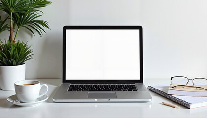Fototapeta premium A study setup featuring a laptop, notebook, and coffee, symbolizing remote learning, online exams, and academic research.