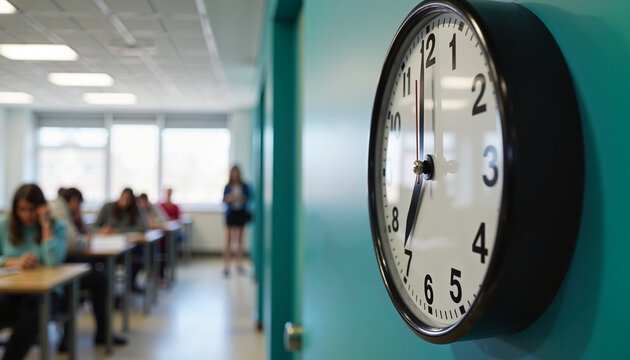 A large clock on a classroom wall shows time running out as students take their final exam. This image represents exam stress, timed tests, and the pressure of academic assessments.