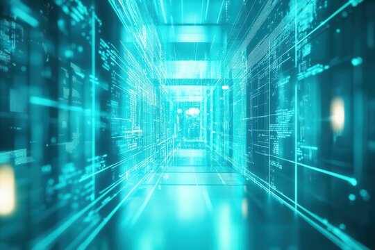 glowing ai interface in teal and silver pulsing across a blurred office void sharp holographic patterns futuristic efficiency bold tech harmony modern vibe