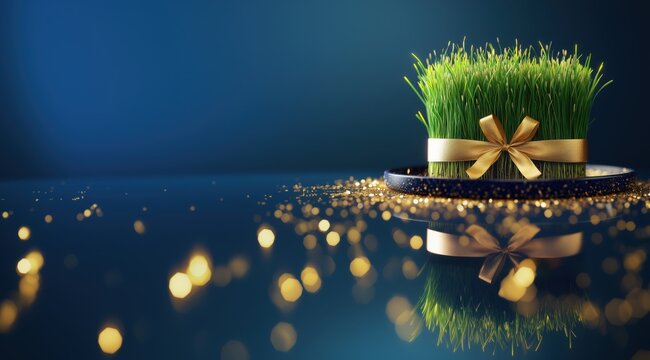 Nowruz holiday samani grass with gold ribbon. Persian New Year Novruz with traditional semeni. Copy space background design.