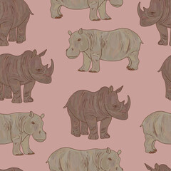 Wildlife animal seamless pattern. Texture of hippopotamuses and rhinoceroses for children's textiles, room, gift wrapping. Delicate color monochrome zoo africa illustration