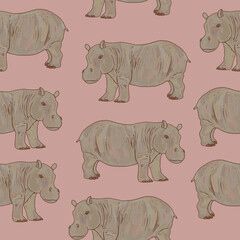 Gray hippo pattern. Zoo safari animals silhouettes on a dusty pink background. African animals seamless texture in retro boho style