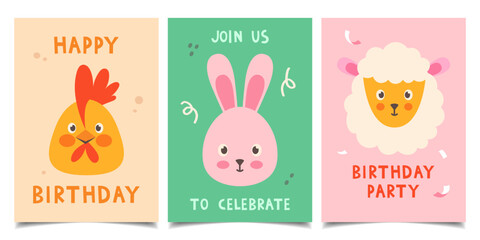 Set of children's birthday cards with hand-drawn animals