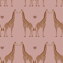 Seamless pattern of wild animals. Giraffe and hearts texture for children's textiles, room, gift wrapping. Delicate color monochrome illustration of African zoo