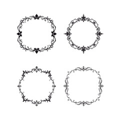 Dark classic antique ornament, floral oval, vector royal baroque border, and Gothic old frame set. Rococo magic, Victorian elegance, and elaborate decorating with copy space. Perfect for embroidery, w