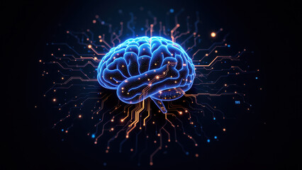 Obraz premium A futuristic illustration of a human brain with glowing neural pathways merging into an advanced AI system, representing artificial general intelligence (AGI).