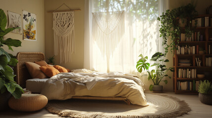Photograph of a bohemian-style bedroom with earthy tones and natural textures. A rattan bed frame with soft linen bedding sits beneath a macramé wall hanging.