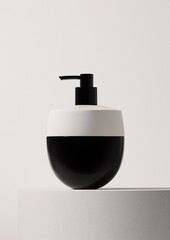 Obraz premium 3d rendering of a black and white soap dispenser. the dispenser is cylindrical in shape with a round base and a flat top. it has a black pump dispenser on top, which is used to dispense liquid soap.