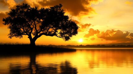 A serene silhouette of a tree against a vibrant sunset over calm water, perfect for nature-themed projects, relaxation content, or as a backdrop for inspirational quotes and artwork,