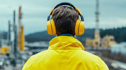 Industrial worker wearing noise cancelling headphones and high visibility jacket inspecting refinery