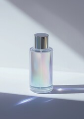 3d rendering of a perfume bottle. the bottle is made of transparent glass and has a silver cap. the body of the bottle is cylindrical in shape with a narrow neck and a narrow opening at the top.