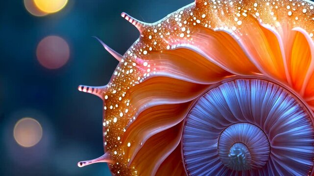 Shell showcasing vibrant colors and intricate patterns in an ethereal underwater setting with sparkling lights