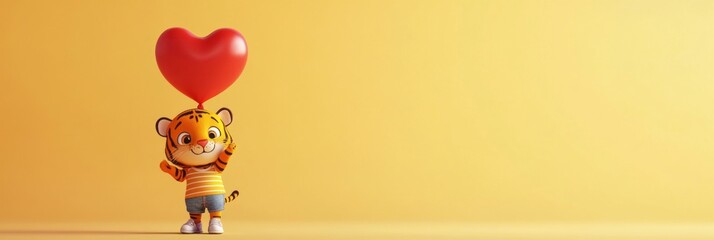 Fototapeta premium A joyful baby tiger, in sneakers and casual clothes, smiles brightly while holding a red heart-shaped balloon, perfect for a whimsical children's story, banner