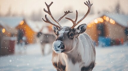 Snowy reindeer in winter scene with lights and cozy cabins in background. Reindeer Herder's Day