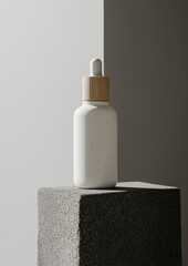 White ceramic dropper bottle with a wooden stopper on top. the bottle is placed on a grey concrete block. the background is a plain white wall.