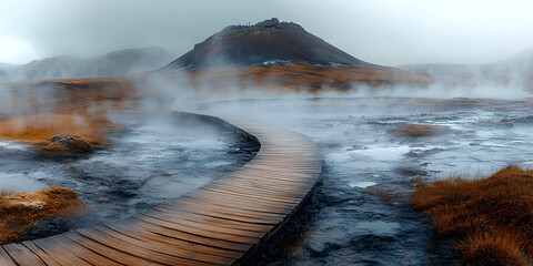 A winding wooden boardwalk leads through a misty geothermal landscape toward a rugged volcanic hill, creating an atmospheric and otherworldly scene