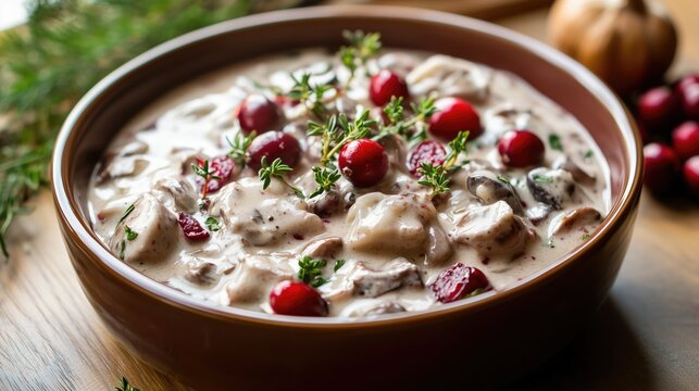 Creamy venison stew with cranberries and thyme in rustic bowl. Stroganina with cranberries