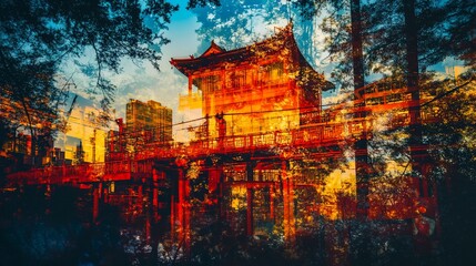 Naklejka premium Sunset Temple, Forest, Cityscape, Double Exposure, Asian Art
