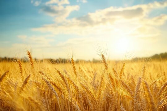 golden wheat field swaying under a vast azure sky warm sunlight casting soft shadows rustic pastoral beauty