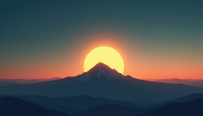 Obraz premium Setting or rising sun on dark blue snowy mountain peak range and starry sky. Landscape, tourism, meditation concept. Spring equinox