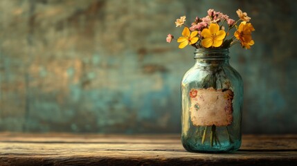 Wildflowers in Vintage Glass Jar Rustic Setting