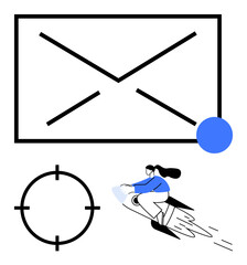 Fototapeta premium Envelope icon with blue notification dot, target symbol, and woman riding a rocket. Ideal for email campaigns, digital marketing, goal setting, speed, innovation communication business growth. Line
