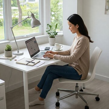 Young Asian Woman Working From Home on Laptop in her Apartment Living Room Cozy Living, Plants, Young Asian Woman, Asian Professional, WFH, Working Remote, Cozy Office, Running a Business, Freelancer