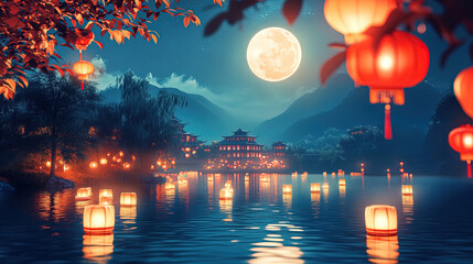 A traditional Chinese lantern festival, with glowing lanterns floating on a river, and a full moon in the background, realistic photo