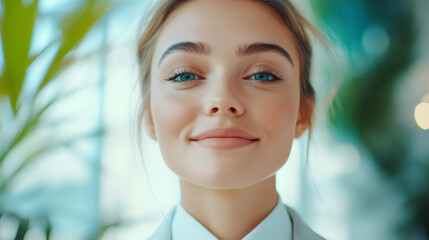 Professional businesswoman smiling softly, standing near verdant office plants during workday