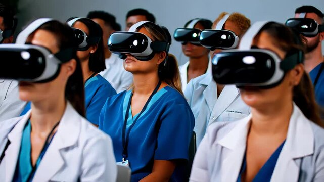 Healthcare professionals, including doctors and nurses, engage in a virtual reality training session, wearing vr headsets and immersed in a simulated medical environment