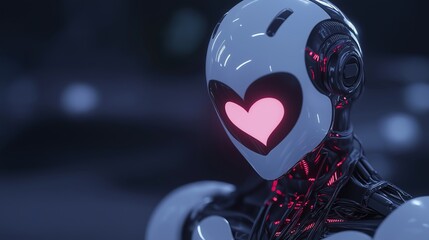 Close-up of a robot's head and torso. the robot has a white helmet with a pink heart-shaped cutout in the center. the heart is glowing red and appears to be floating above the robot's face.