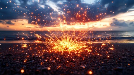 Fototapeta premium Fireworks exploding over a calm beach during a vibrant sunset with silhouette of people watching