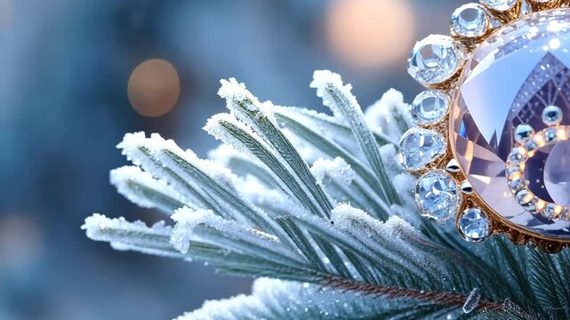 Sparkling brooch resting on frosted pine needles during winter season in a serene outdoor setting