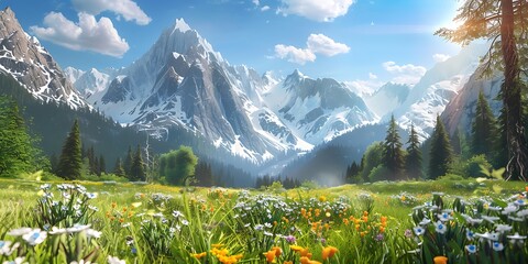 A tranquil mountain meadow dotted with wildflowers surrounded by towering alpine peaks dusted with snow under a bright sunny day Mountain Retreat