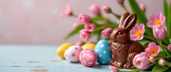 Chocolate Easter bunny with colorful eggs and pink flowers on a light blue table, festive spring decoration, blurred background, shallow depth of field.