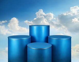 four blue cylindrical podiums against cloudy sky