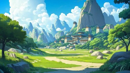 Artistic depiction of a mountain city from ancient times.