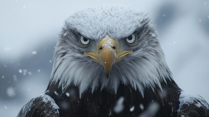Obraz premium Bald eagle in winter blizzard, intense gaze, snowy backdrop. Possible use nature, wildlife, conservation