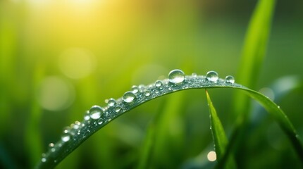 Peaceful Morning Dew Drops on Curved Grass Blade in Garden