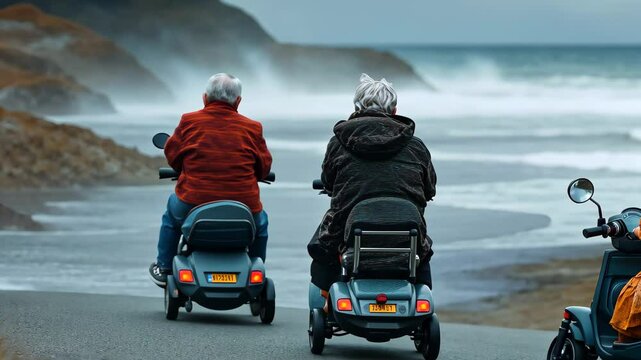 Senior citizens ride mobility scooters along a beachside path during a cloudy day