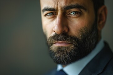 Fototapeta premium Close-up portrait of a Middle-Eastern man with a beard, conveying determination and focus in a professional setting.