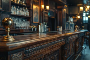 Naklejka premium Beautiful vintage wooden bar interior with ornate details and warm lighting