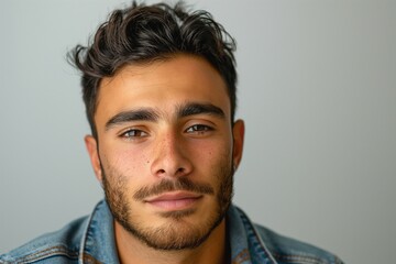 Obraz premium Close-up portrait of a young Caucasian male with curly hair and a beard, showcasing a thoughtful expression against a neutral background.