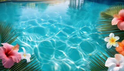 peaceful tropical background with crystal clear turquoise pool water with delicate hibiscus and plumeria flowers design with copy space for summer vacations wellness themes or exotic branding