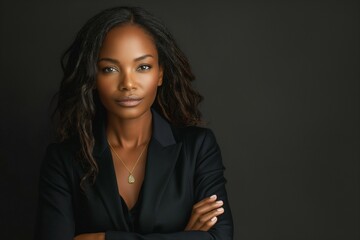 A confident Black woman with long hair, wearing a black outfit, poses elegantly against a dark background.